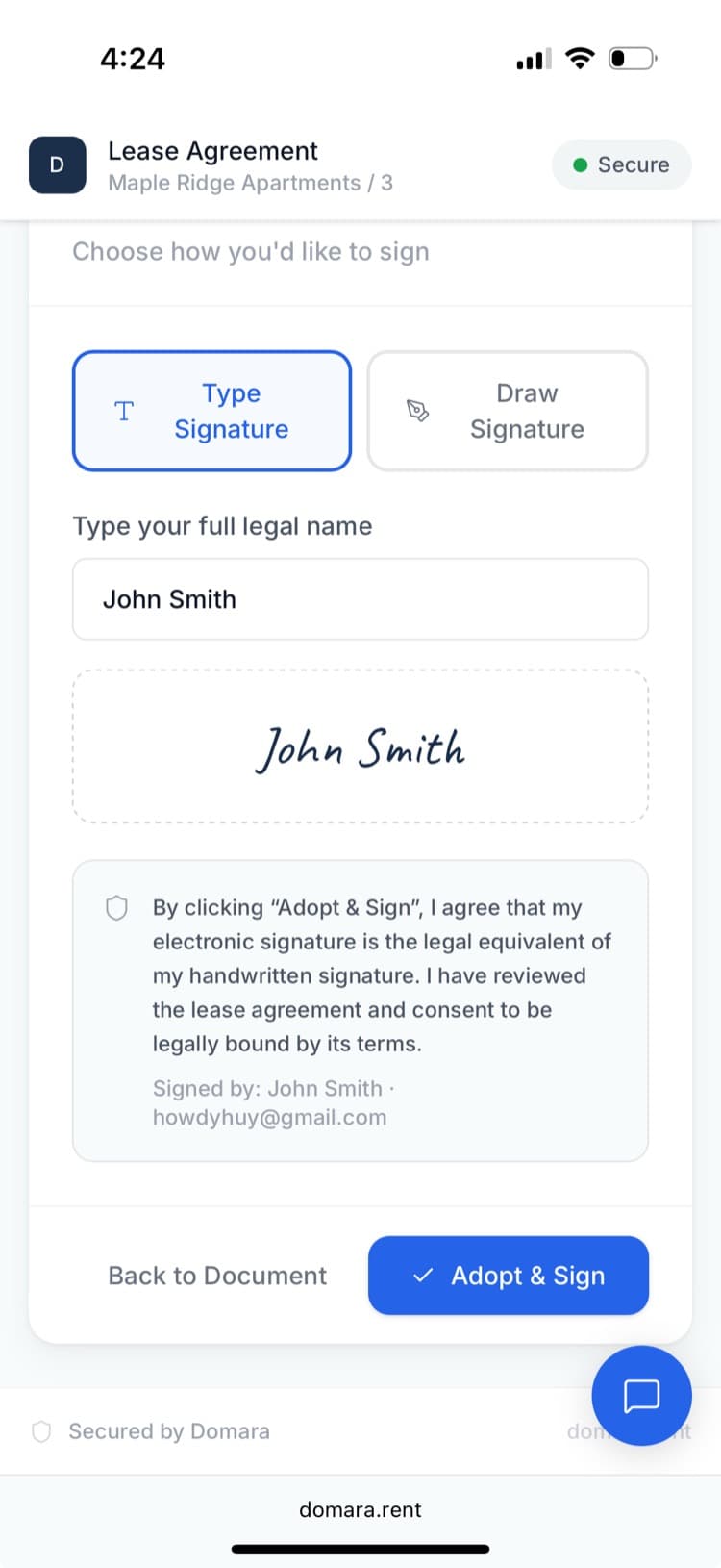 Domara e-signature signing flow