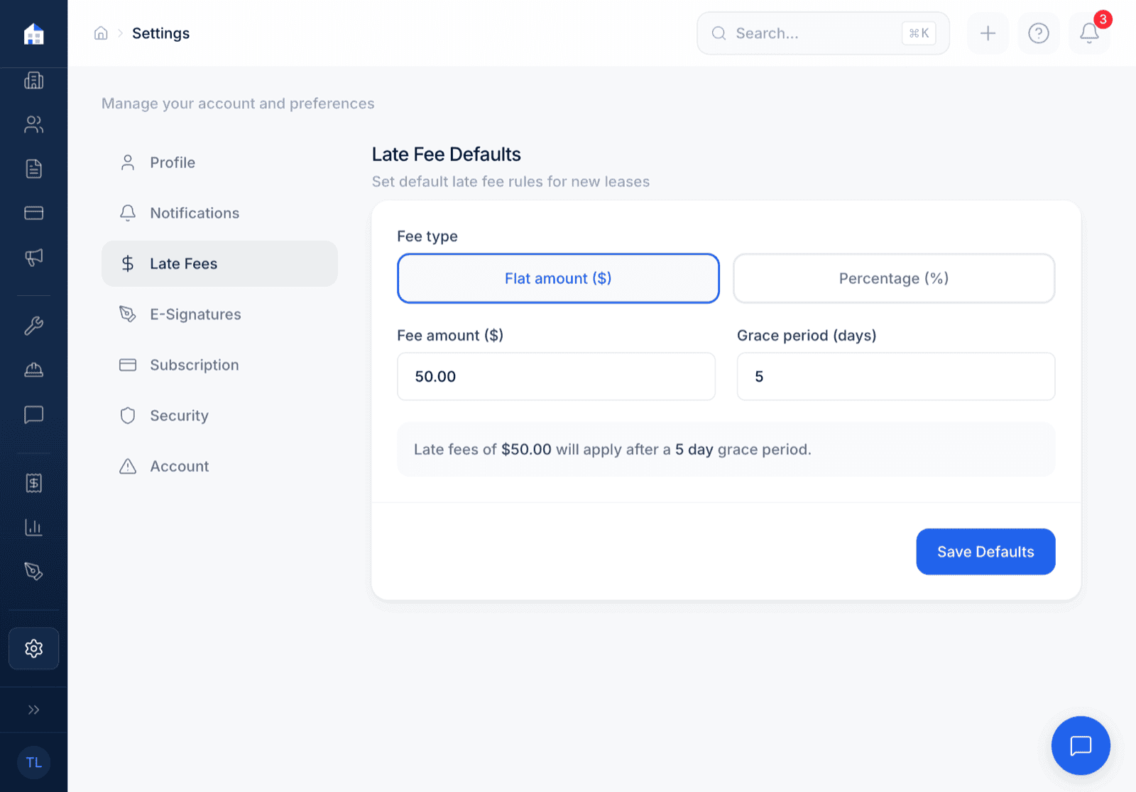 Domara late fee configuration settings