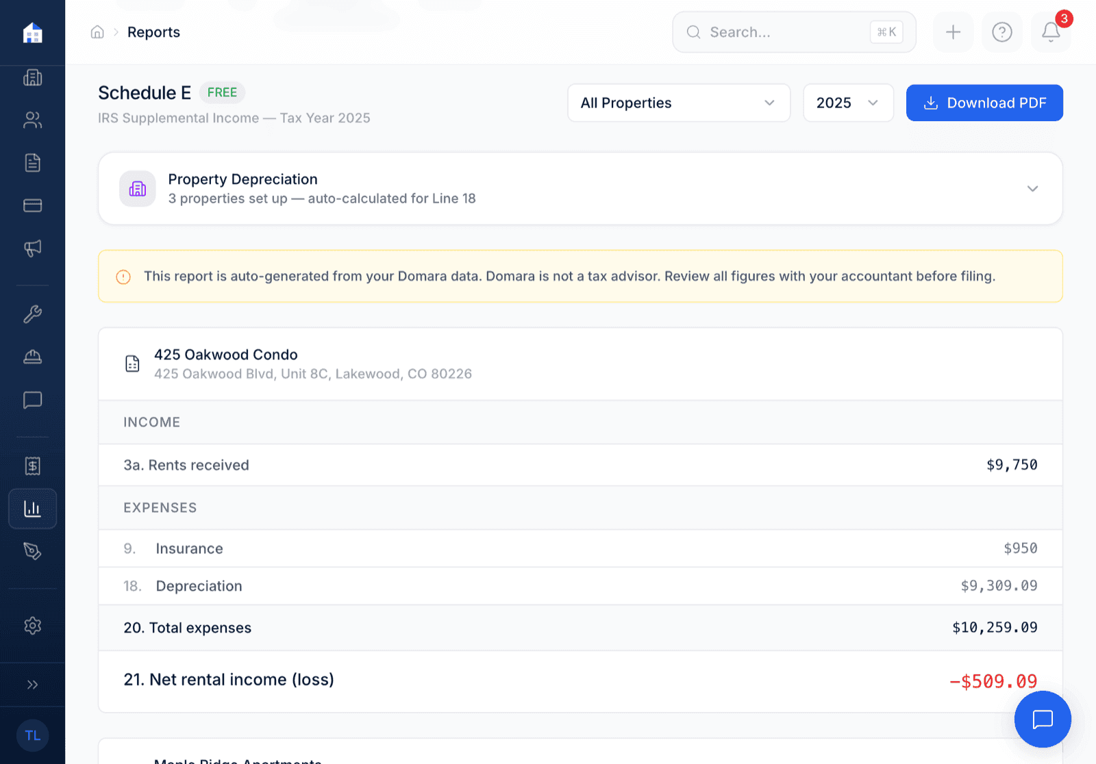 Domara Schedule E tax report PDF