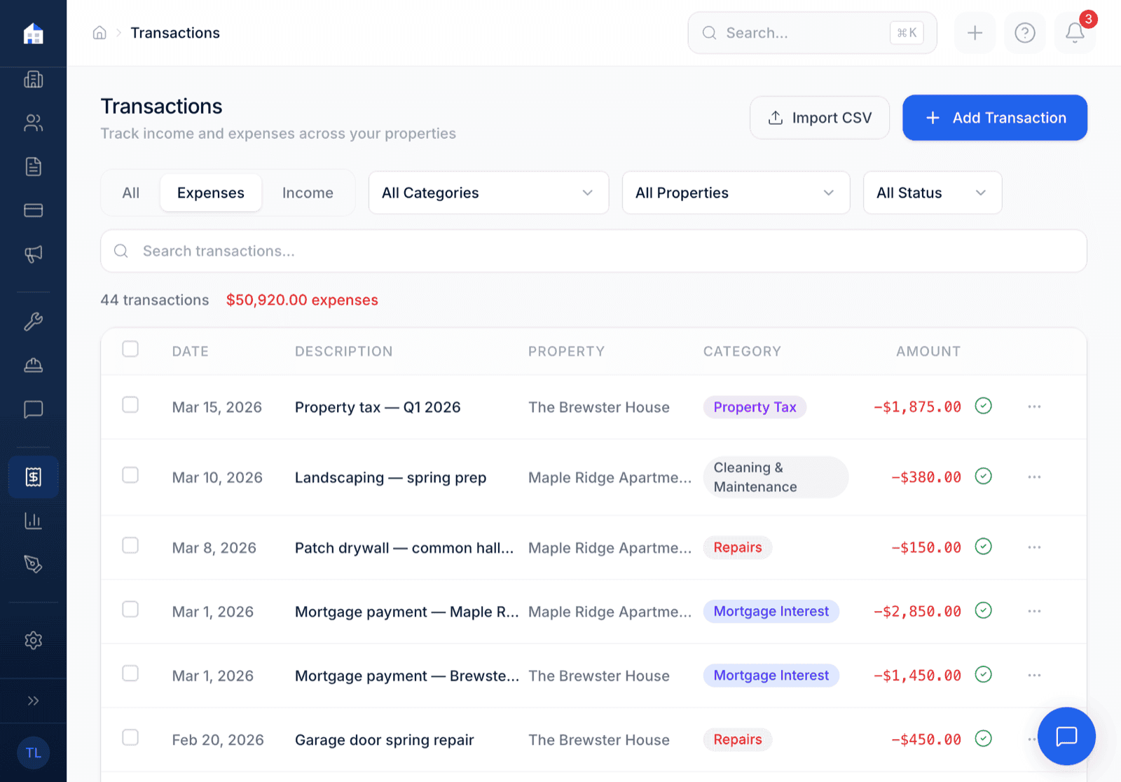Domara expense tracking by property and category