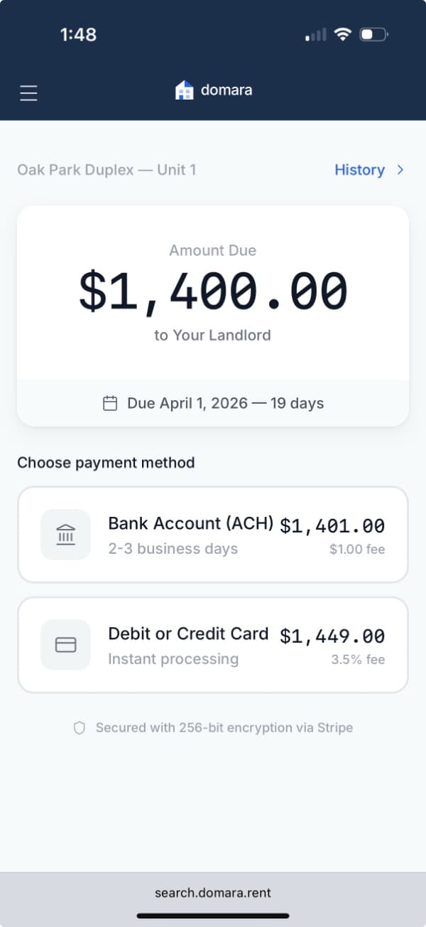 Tenant pay rent screen